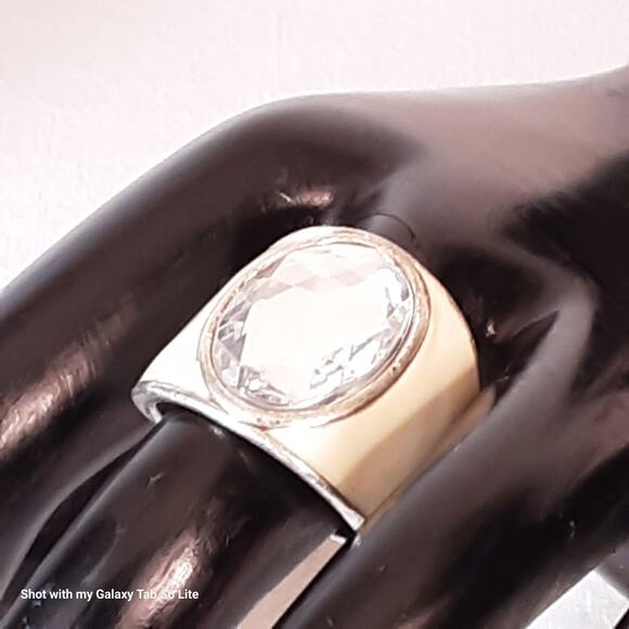 Jumbo Ring Solitary Clear Stone Bezel Set On White Painted Enamel - Picture 2 of 7